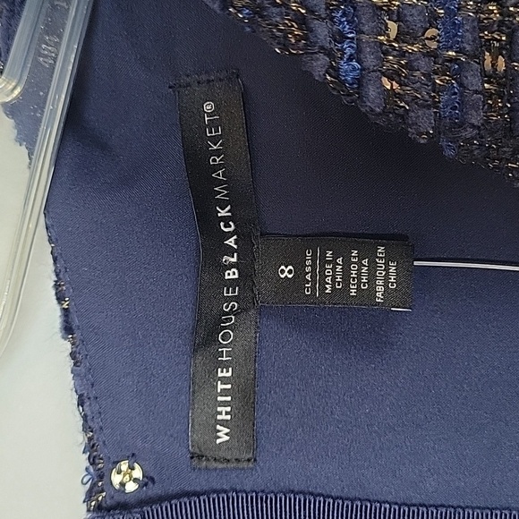 WHBM classic blue glitter tweed sheath dress Gold buttons on shoulder - Picture 5 of 11